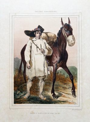 un dessin représentant un homme debout à côté d'un cheval