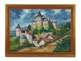 an oil painting of a castle on a hill surrounded by trees