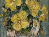 tableau représentant des fleurs jaunes dans une théière posée sur une table