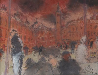 un tableau représentant des personnes marchant dans une rue, avec une tour horloge en arrière-plan