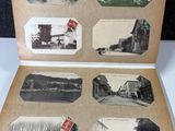 an old photo of an open book with pictures of people and buildings