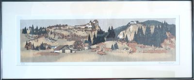 une photo d'un tableau représentant un paysage de montagne, dans un cadre