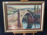 an oil painting of a bridge over a river with a bridge in the background