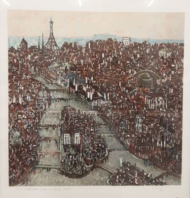 peinture d'une vue d'une ville avec une tour d'horloge au loin