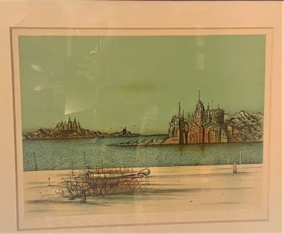 a picture of a painting of a boat in the water