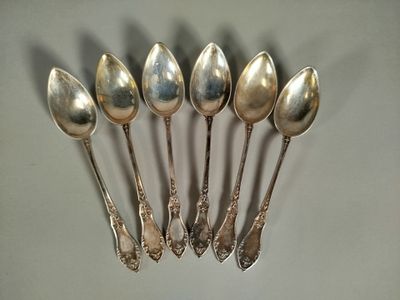 six cuillères en argent sont alignées sur une table
