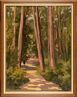 an oil painting of a path in the woods with trees