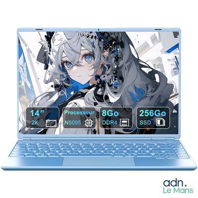 a blue laptop with a picture of a girl on the screen