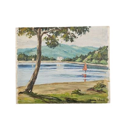 une peinture représentant un voilier sur l'eau, près d'un arbre