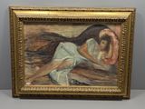 une peinture à l'huile représentant une femme en robe blanche assise sur un lit