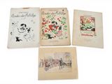 four vintage children ' s books are lined up on a white surface