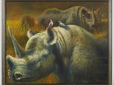 a painting of a rhino with a bird on it ' s back