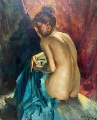 an oil painting of a naked man sitting on a bed
