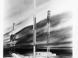 un dessin représentant une station spatiale surmontée d'une fusée