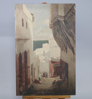 painting on easel of a street with a bird flying over it