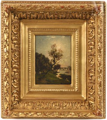 a painting of a landscape with trees and water in a gold frame