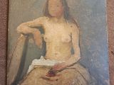 un vieux tableau représentant une femme assise sur une chaise, le bras posé sur un oreiller