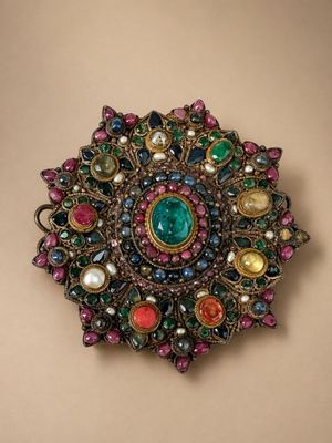 un gros plan sur une broche ornée de nombreuses pierres de différentes couleurs