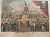 an old print of a large crowd of people standing in front of a stage