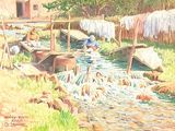 a painting of a man washing clothes on a clothes line