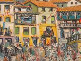 a painting of a crowd of people walking down the street