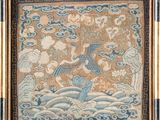 painting of a bird flying over a body of water with clouds in the background