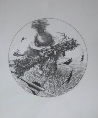 dessin au crayon représentant un homme à moto, entouré d'oiseaux en vol