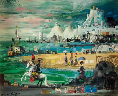 un tableau représentant un homme à cheval sur la plage