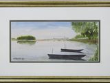a painting of two boats on the water by the shore