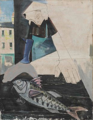 a painting of a fish and a man on a boat