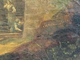 a painting on the wall of a building with a man and a dog