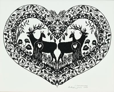 un dessin en noir et blanc représentant deux cerfs formant un cœur
