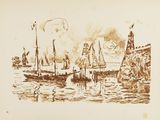 drawing of boats in a harbor with a lighthouse in the background
