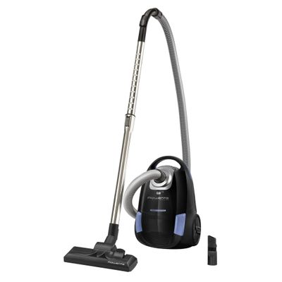 un aspirateur noir et argenté muni d'une poignée argentée