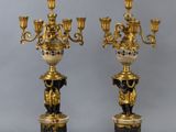 pair of antique bronze and marble candelabs with figurines