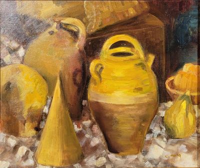 a painting of a group of yellow vases on a table