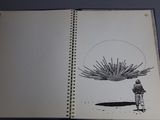 an open book with a drawing of a man standing in front of a plant