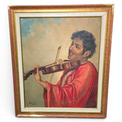painting of a man playing a violin in a gold frame