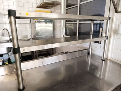 a stainless steel counter in a commercial kitchen