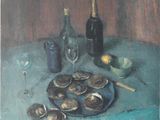 a painting of oysters on a plate next to a bottle of wine