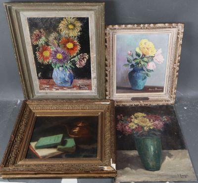 three framed paintings of flowers in vases on a table