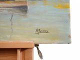 an image of a painting of a boat on a body of water with trees in the background