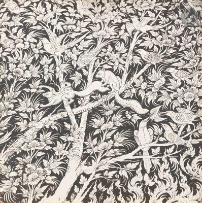 a black and white drawing of birds and flowers on a wall