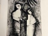 a drawing of a man and woman under an umbrella