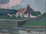 a painting of a house and a boat on the water