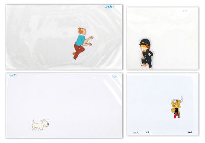 quatre photos différentes d'un homme et d'un chien dans des poses variées