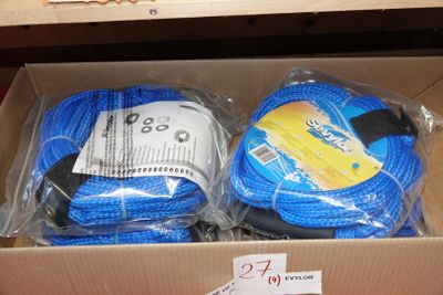 Deux cordes bleues emballées dans des sacs en plastique se trouvent dans une boîte.