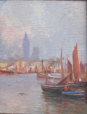 a painting of a harbor scene with boats on the water