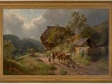 tableau représentant des chevaux tirant une charrette sur un chemin de terre