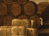 a painting of a man standing in front of a pile of barrels